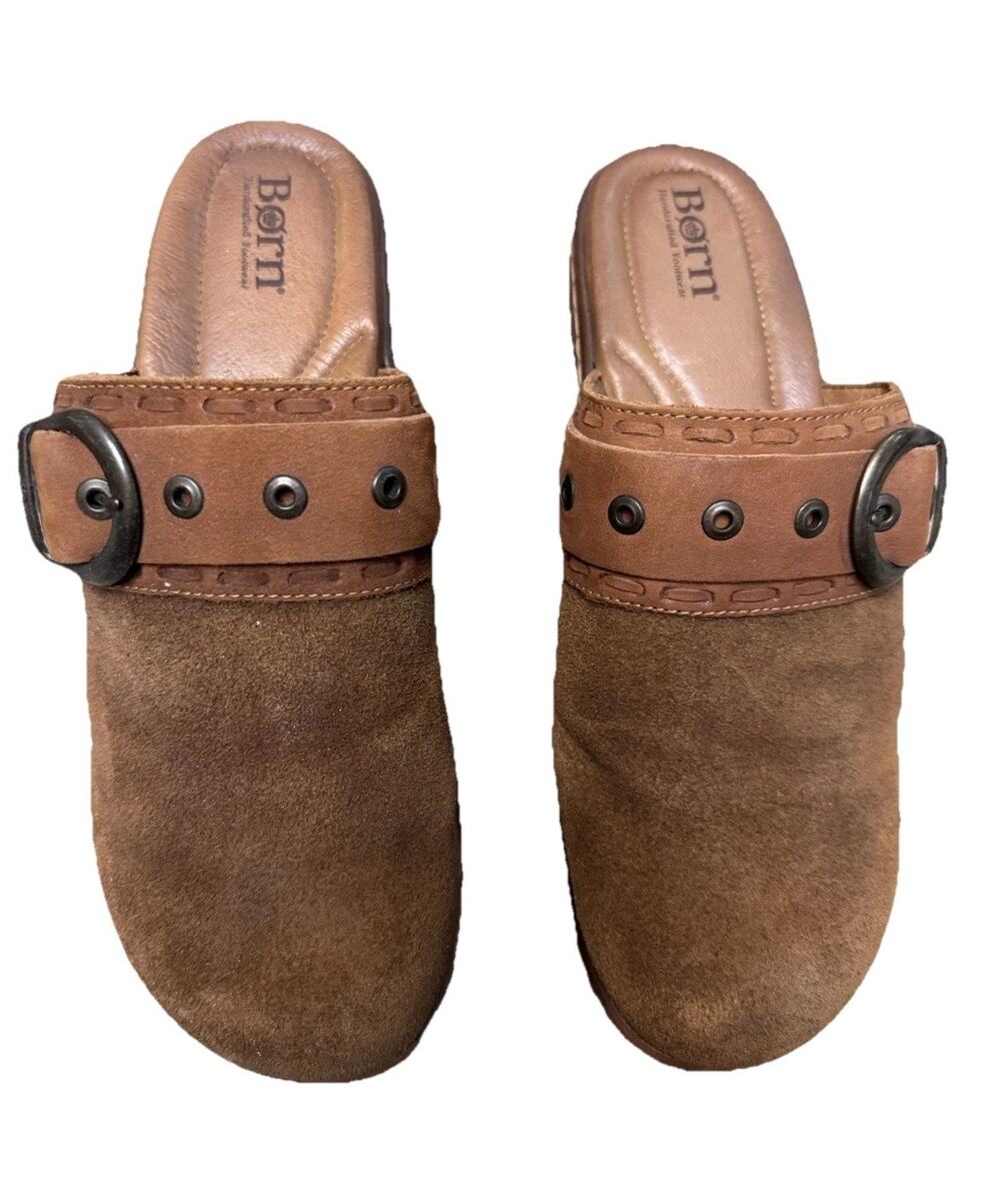 Born Women's Brown Leather Slip-On Mule Clogs Closed Toe Buckle US 10